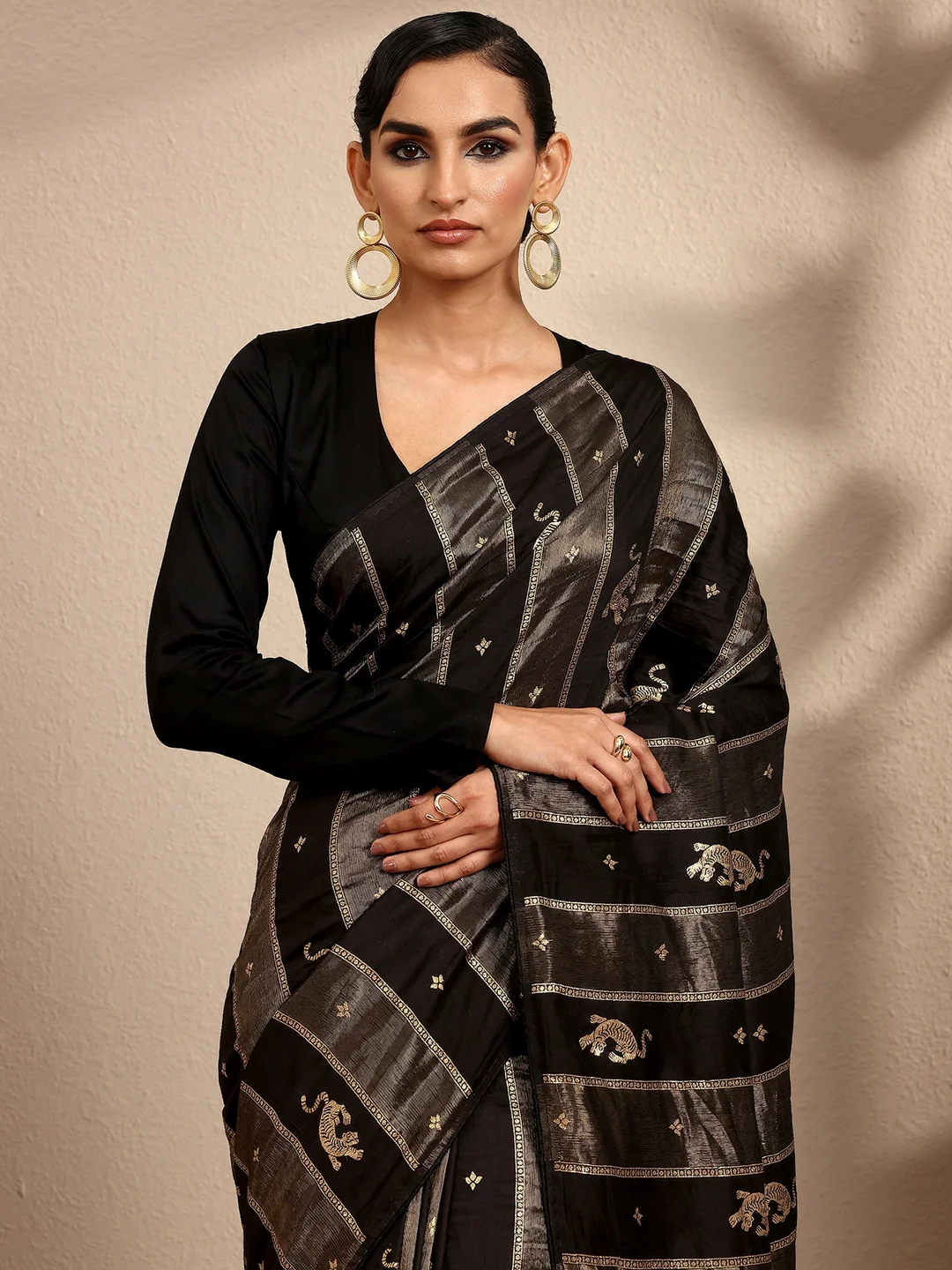 Libas Black Woven Design Banarsi Silk Blend Saree With Unstitched Blouse Piece