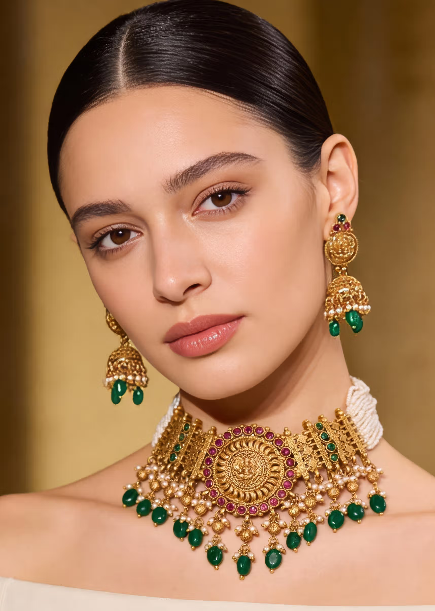 Gold Toned Necklace Set With Traditional Temple Motifs And Green White and Pink Simulated Stones