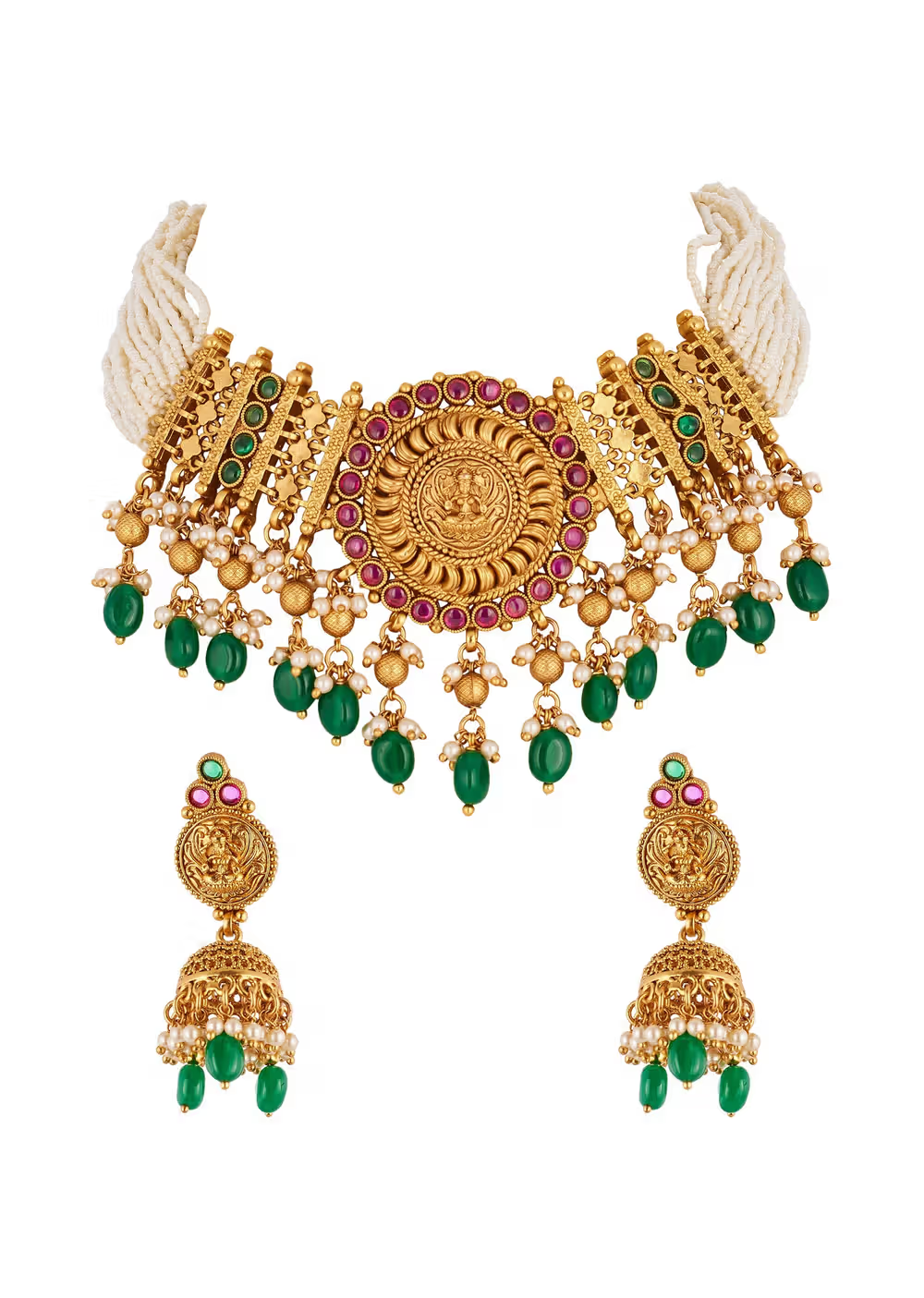 Gold Toned Necklace Set With Traditional Temple Motifs And Green White and Pink Simulated Stones
